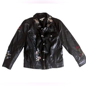 Christopher & Banks Vegan Leather floral embroidered leather moto jacket Size LP